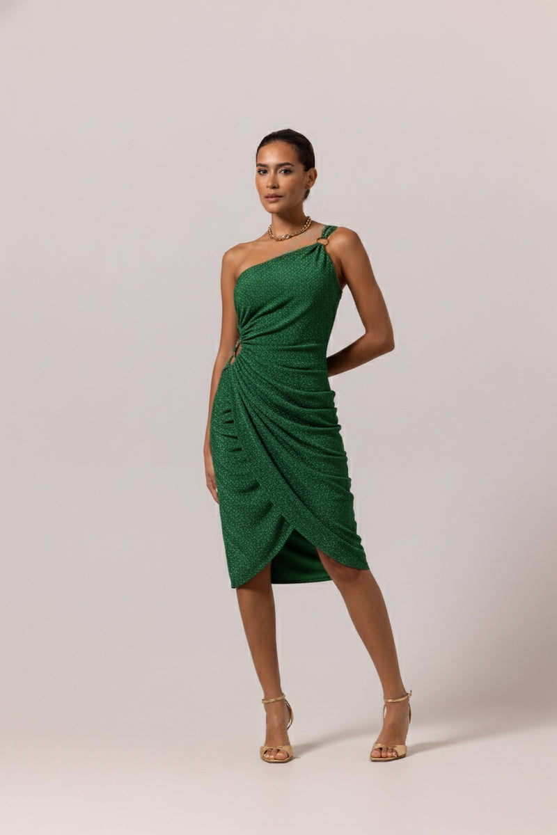 TRACY ASYMMETRIC DRESS - Green Lurex – AANOUKIS Swimwear
